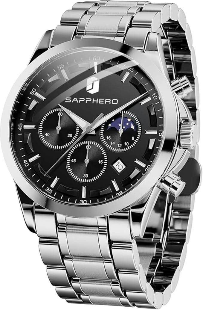 Sapphero Mens Watches Multifunction Chronograph Date Quartz Watch for Men Stainless Steel Band Wrist Watch Gift for Men Casual Business - Image 1
